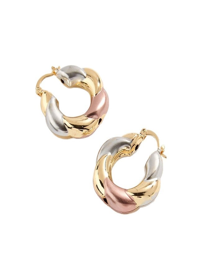 disclean Women's Tri Color Twisted Hoop Earrings - Gold Silver and Rose Gold Tone Trendy Statement Earrings - Image 1